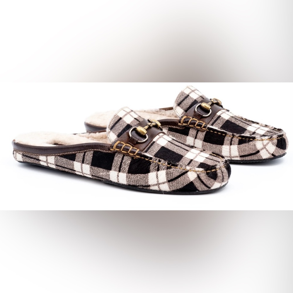 Martin Dingman Cozy Country Hair on Leather Plaid Slippers Size 9M